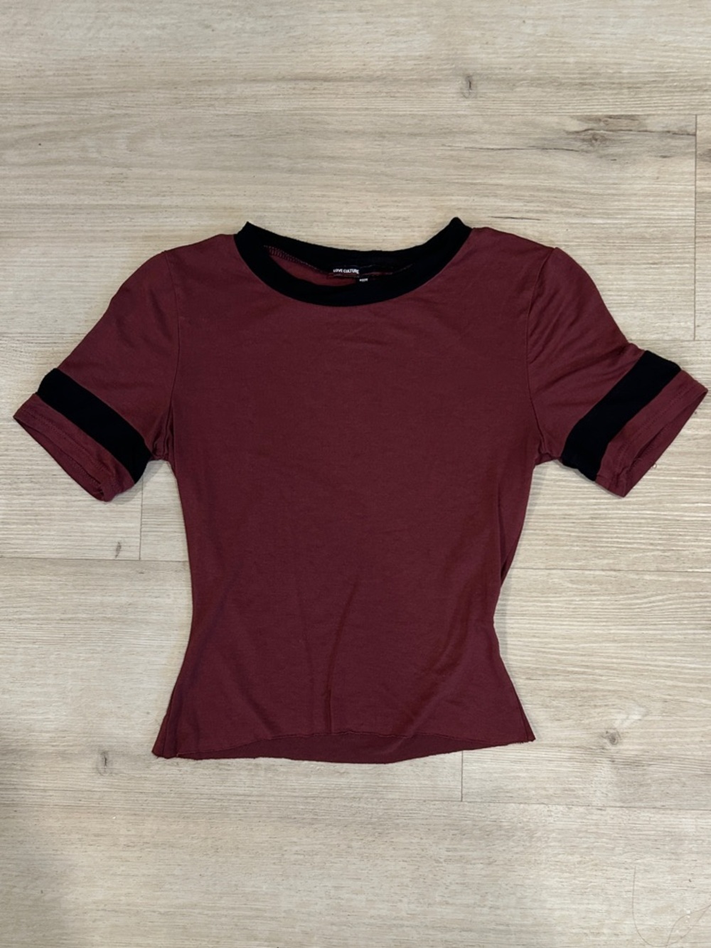 Love Culture Sporty Streetwear Burgundy Ringer Tee with Black Trim Size S